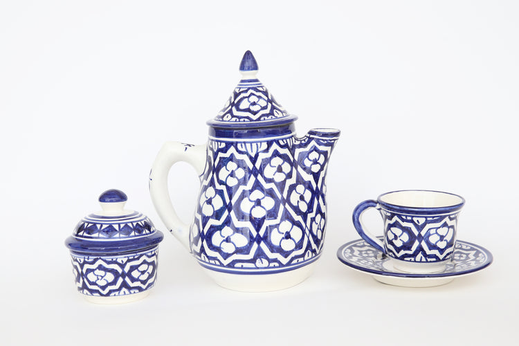 Ceramic  Tea Set with Cups, Saucer and Sugar Bowl (Blue)