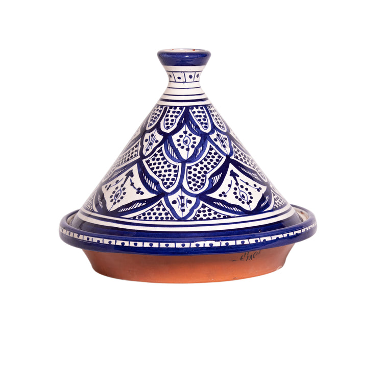 Moroccan Handcrafted Berber Style Tagine Serving Pot - Large, Color Blue and White